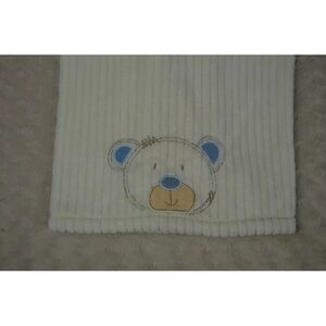 Baby Gear Teddy Bear Face Baby Blanket Cream Off White Blue Tan Ribbed Stripes